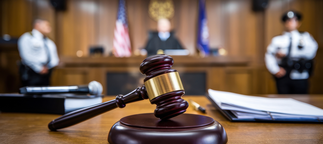 A judge’s gavel rests on a desk in a courtroom, with papers beside it. In the background, a judge, police officers, and flags are visible, all slightly out of focus.