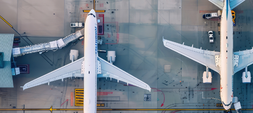 Aerial view of two airplanes parked at airport gates, with boarding bridges attached and service vehicles nearby on the tarmac.