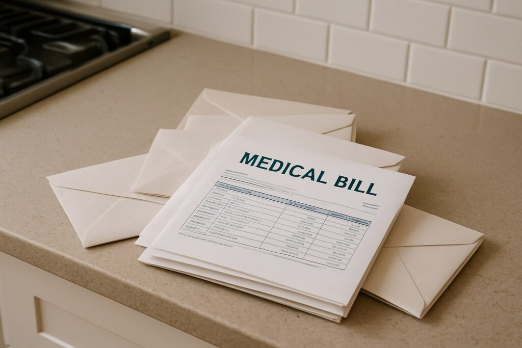 A stack of medical bills and envelopes sits on a beige kitchen countertop next to a stovetop, with white subway tile backsplash in the background.