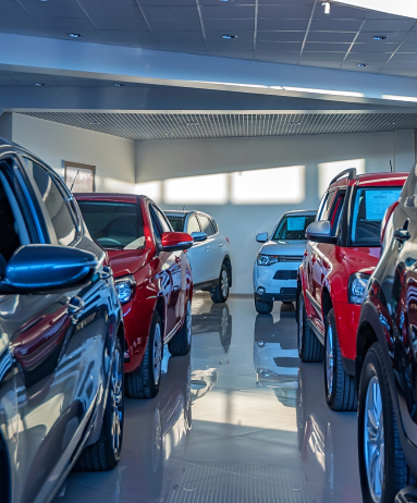 A showroom interior with several cars parked side by side, including red, black, and white vehicles, under bright ceiling lights and reflected on a shiny floor.