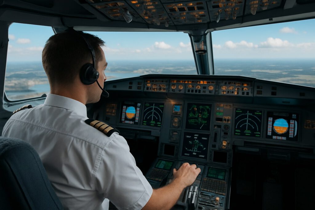 A pilot in uniform, wearing a headset, sits in an airplane cockpit, operating the controls while looking at the instrument panels. The view through the cockpit window shows a blue sky and landscape below.