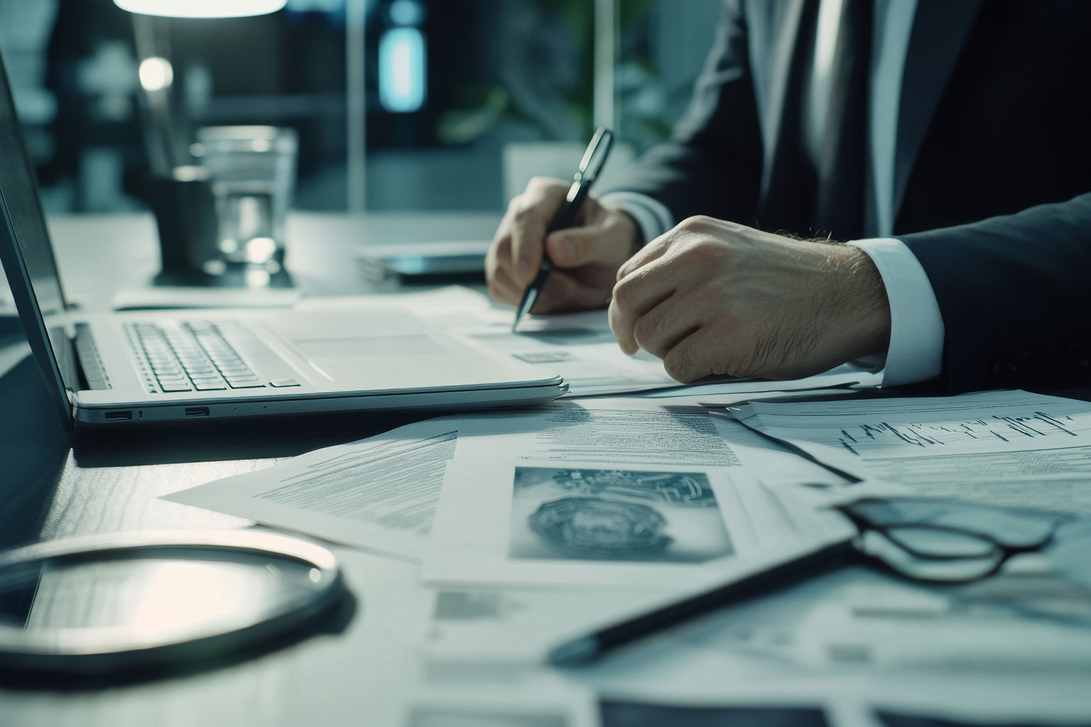 man working on laptop with stack of documents