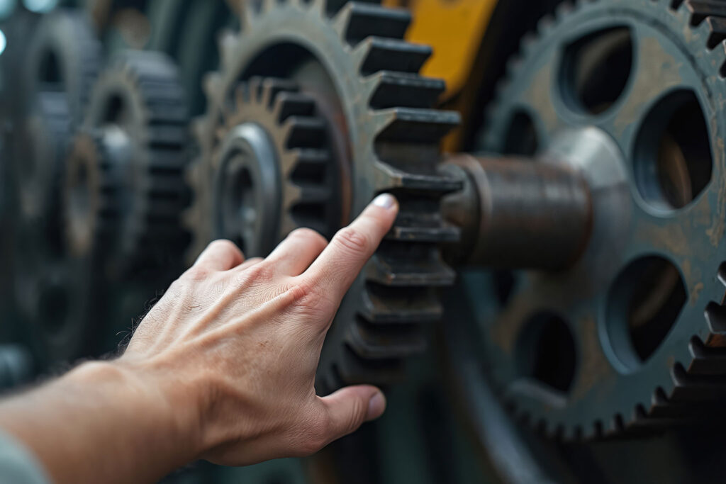 A close-up of a hand touching the teeth of a large metal gear, surrounded by other interlocking gears, suggesting mechanical engineering or industrial machinery.