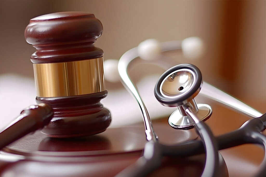 A wooden judge’s gavel rests next to a stethoscope on a desk, symbolizing the intersection of law and healthcare or medical legal issues.