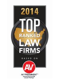 A badge with 2014 Top Ranked Law Firms Based on AV Preeminent Martindale-Hubbell Lawyer Ratings and a map of the U.S. in the background.