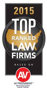 A vertical badge reads 2015 Top Ranked Law Firms Based on AV Preeminent, with a gold map of the U.S. in the background and the AV Preeminent logo at the bottom.