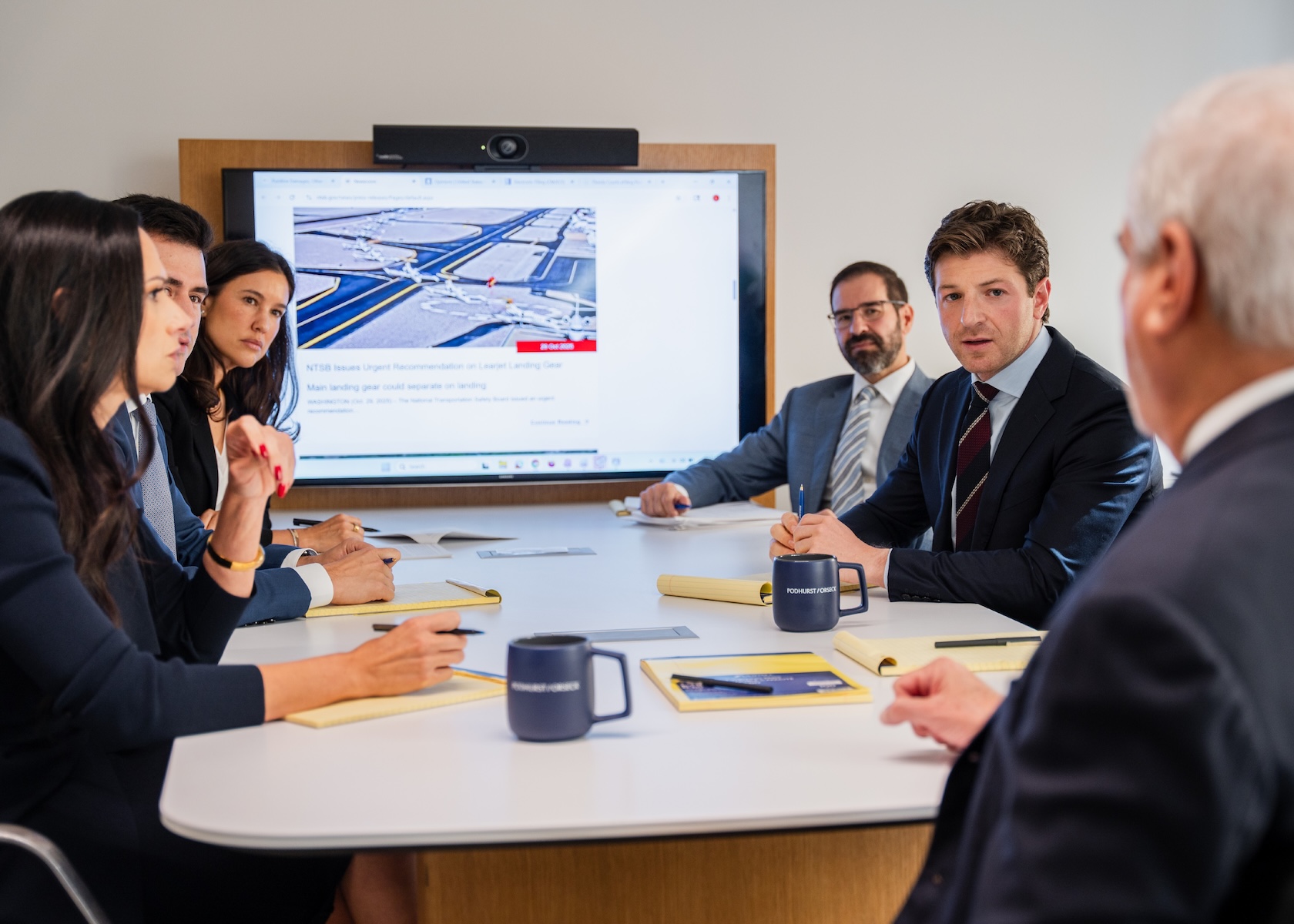 Six people in business attire sit around a conference table with notepads and coffee mugs, attentively discussing. A screen behind them displays an airport image and text, suggesting a professional meeting or presentation.