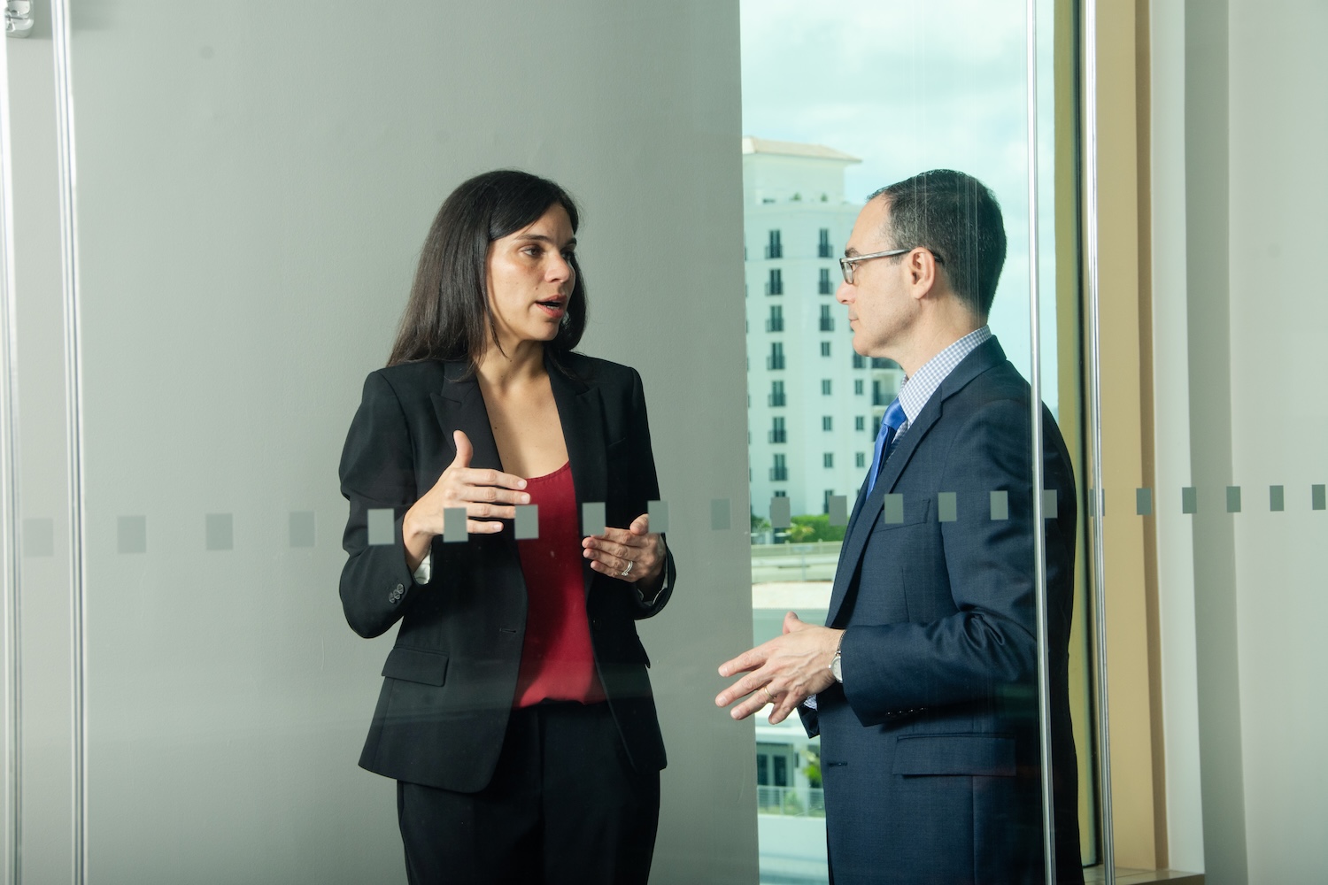 Two appellate law attorneys having a conversation in an office setting.