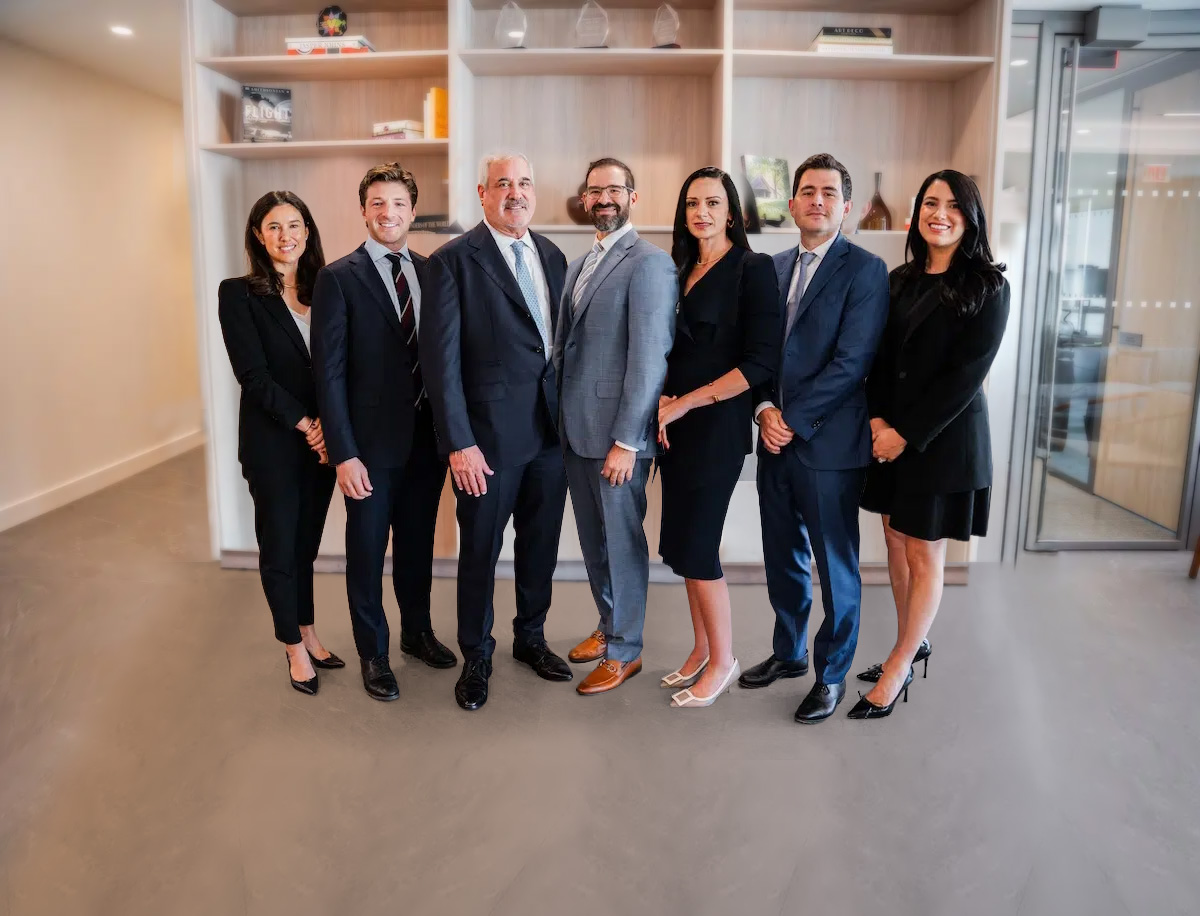 Seven professionally dressed people stand in a modern office, posing and smiling in front of light wooden shelves—a confident team prepared to handle complex aviation product liability matters. Four men wear suits and ties, and three women wear business attire.